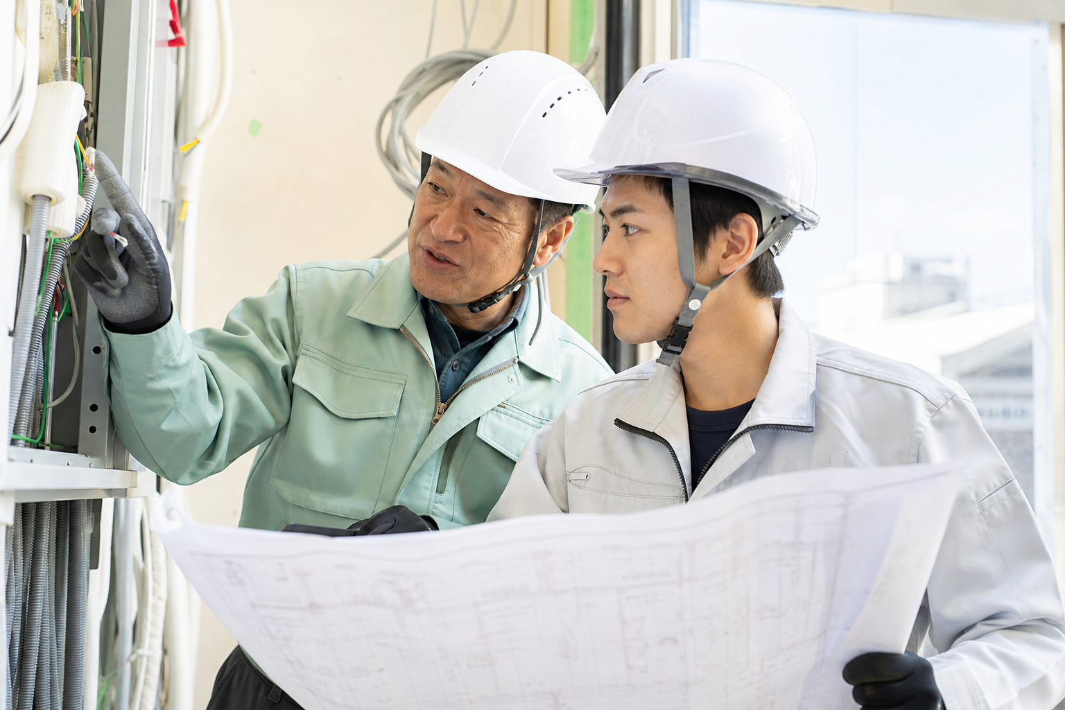 先輩社員から電気設備の施工を教わる若手社員